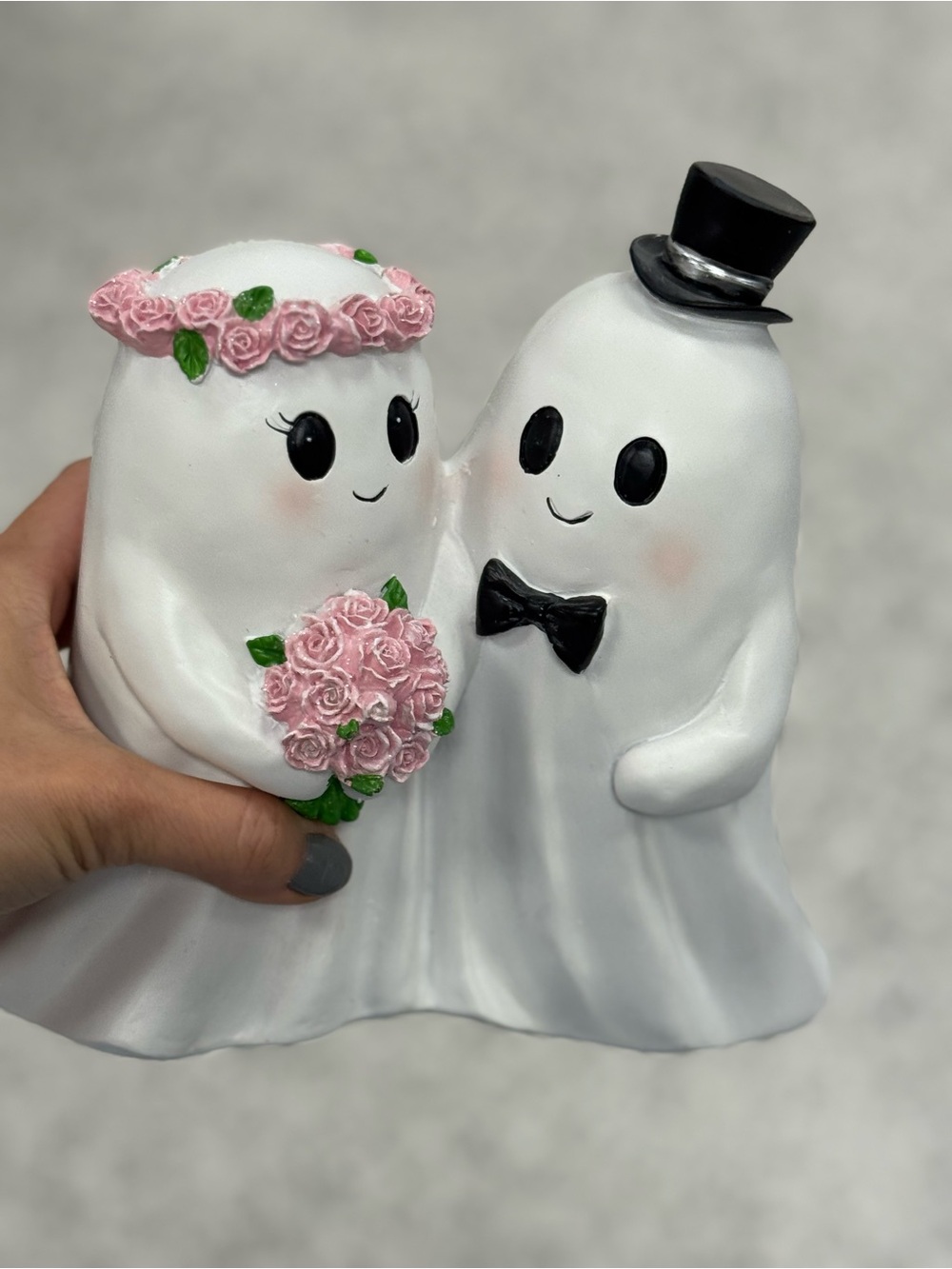 Cute Ghost Bride & Groom Figurine - White with Pink Roses